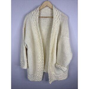 Chunky Hand-Knit Fisherman Cardigan Oversized Shawl Collar Cream Women’s XL/L